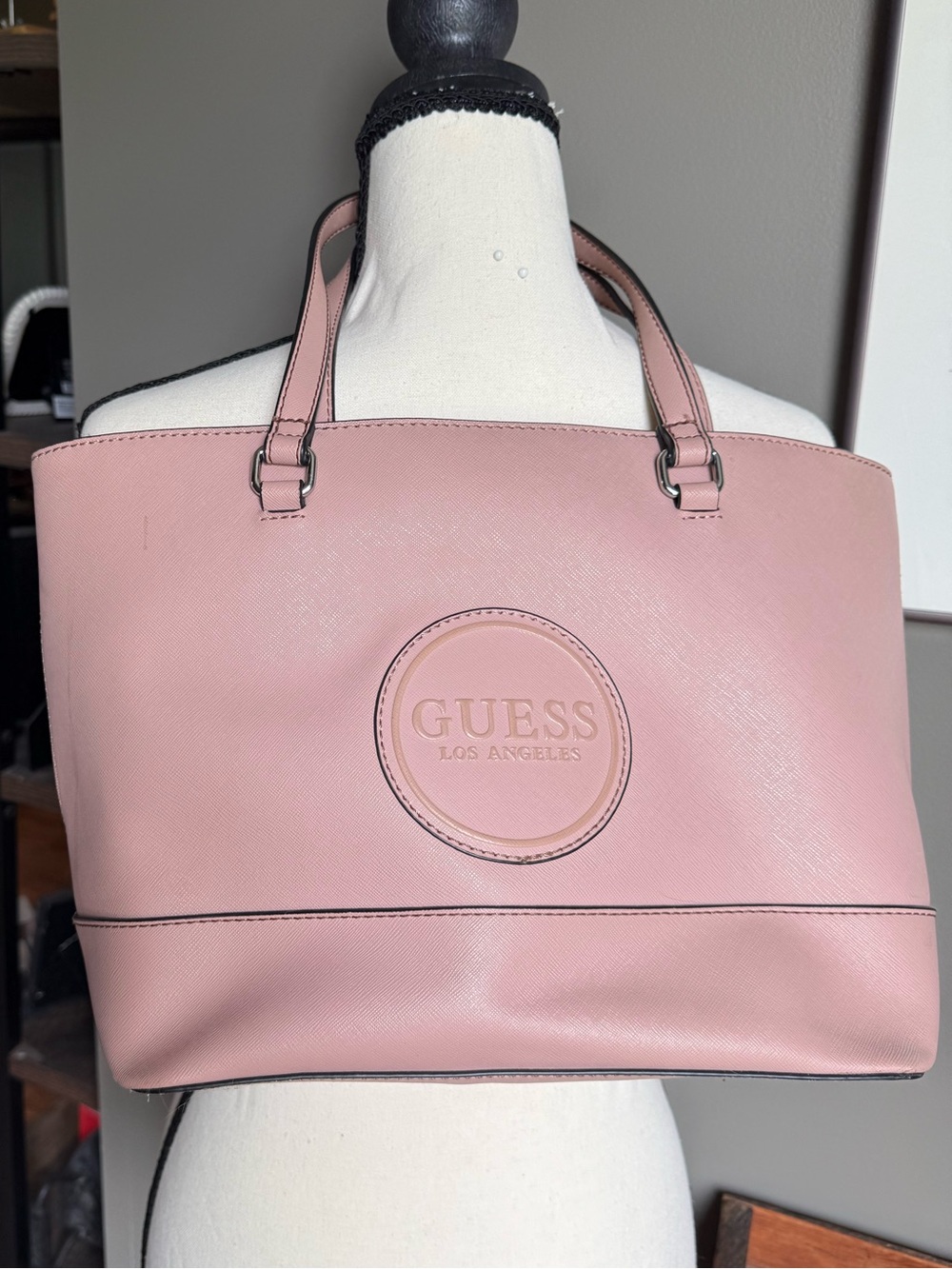 GUESS Blush Pink Saffiano Tote Bag Large Logo Shoulder Handbag